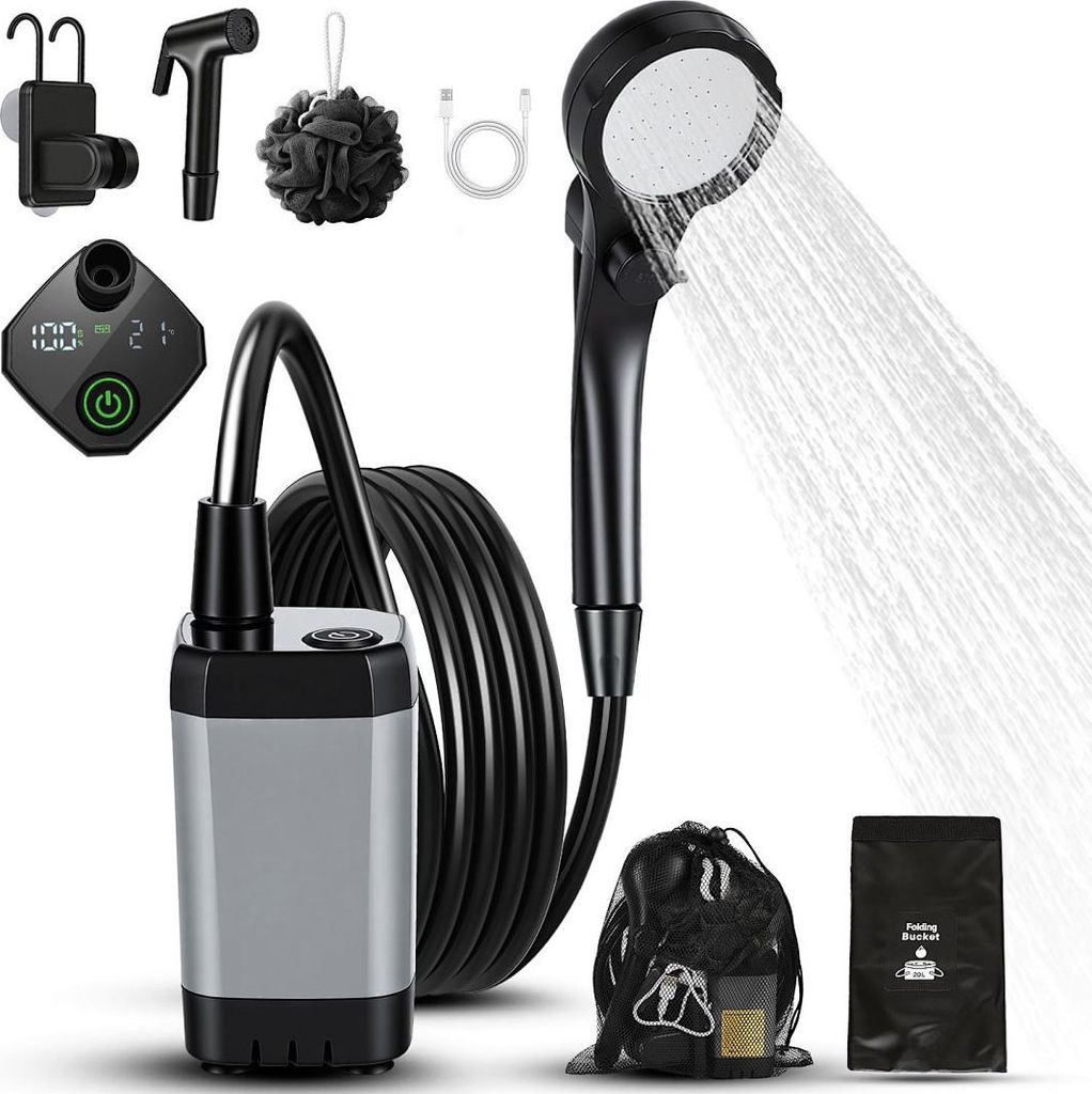 Izrielar Tragbare Campingdusche, Gartendusche mit 20L Falt-Eimer, Temperaturanzeige, Duschkopf und 2 m Schlauch, Waschen des Autos, Strand, Camping...