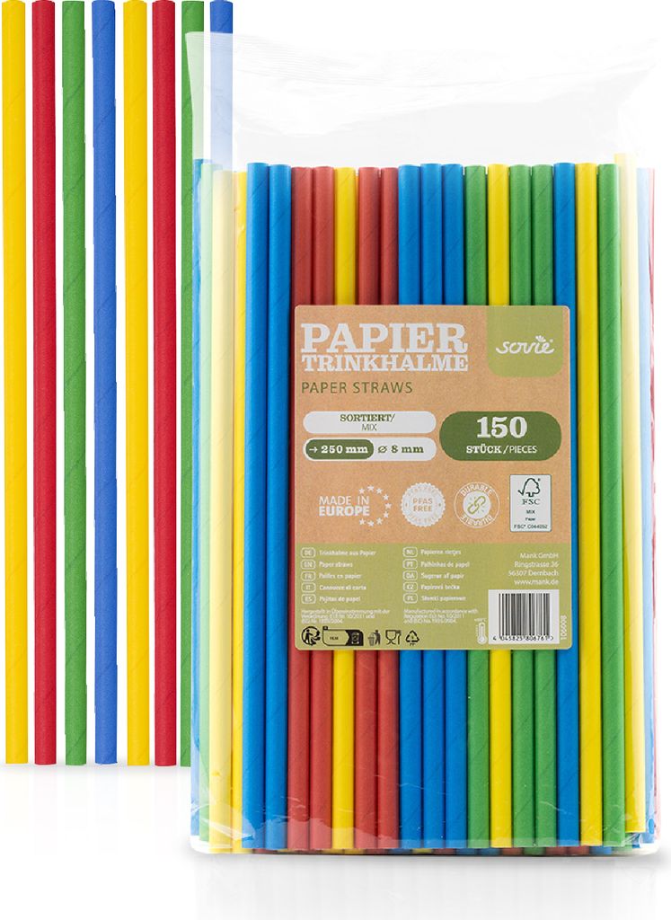 Jumbo Trinkhalme in gelb, rot, grün, blau - gemixt aus Papier, Ø 8 mm / 25 cm, 3300 Stück - Mank