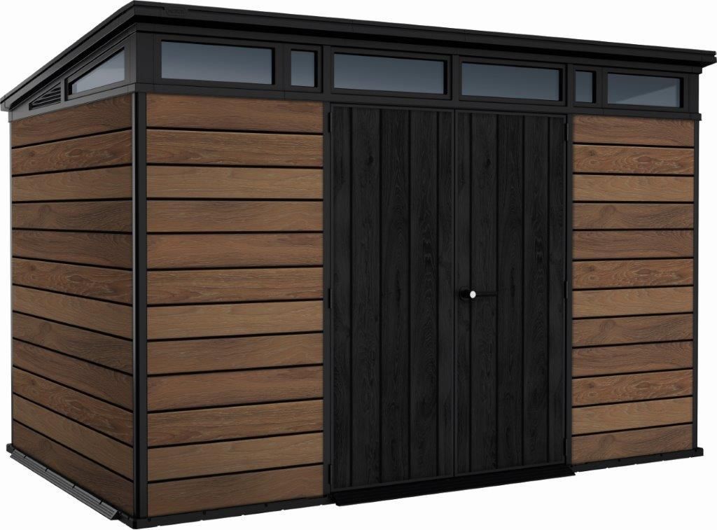 A modern shed with wood-look siding and black doors.