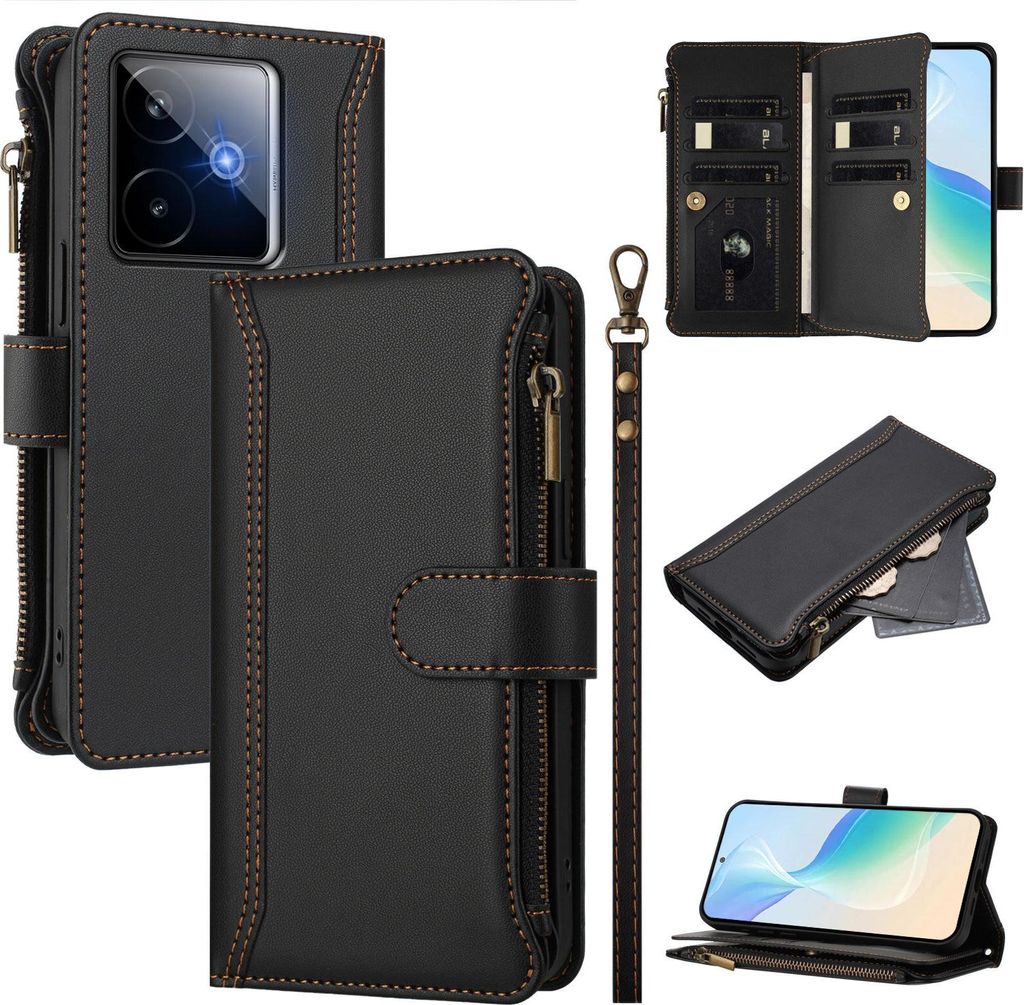 Handyhülle für Realme GT 7 Reißverschluss Geldbörse Kunstleder Klapphülle mit Kartensteckplatz, Ständer, Handschlaufe Schwarz