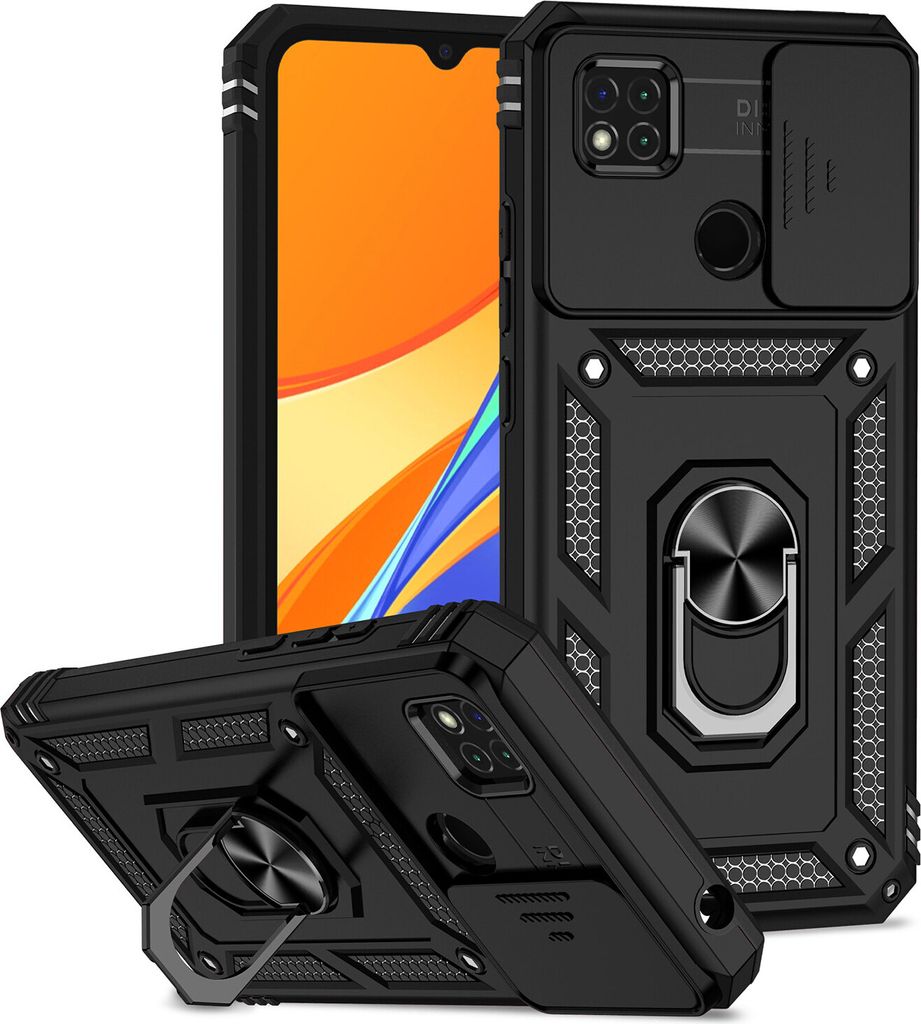 Redmi 9C Hülle mit Schiebe Kamera Schutz und Ringhalter Produktbild 