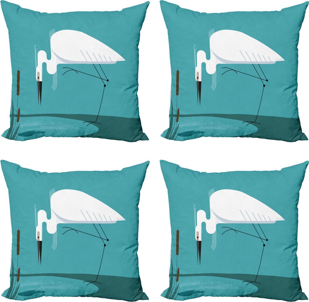 ABAKUHAUS Reiher Kissenbezug Set (4 Stück), Vogel steht auf dem Lake Shore, Moderner Doppelseitiger Digitaldruck, 50 cm x 50 cm, White Dark Seafoam
