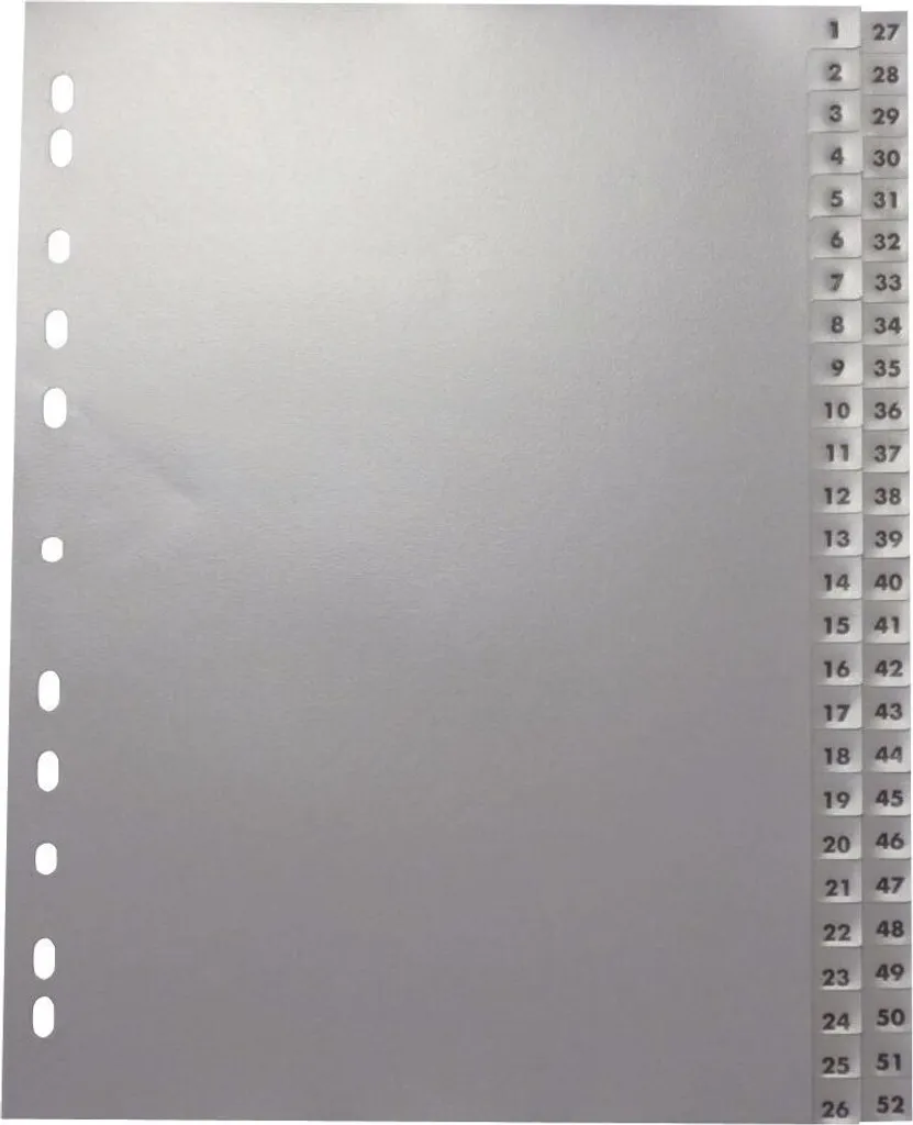 Intercalaires numériques A4 gris 1-52 en polypropylène - Lot de 52 pages