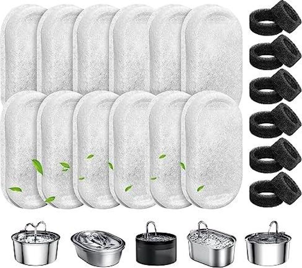 Katzenbrunnen Filter, 24 Stück Ersatzfilter Für Trinkbrunnen, 12 Stück Kohlefilter Und 12 Stück Schaumfilter, Wasserfilter Passend für 2L/3.2L...