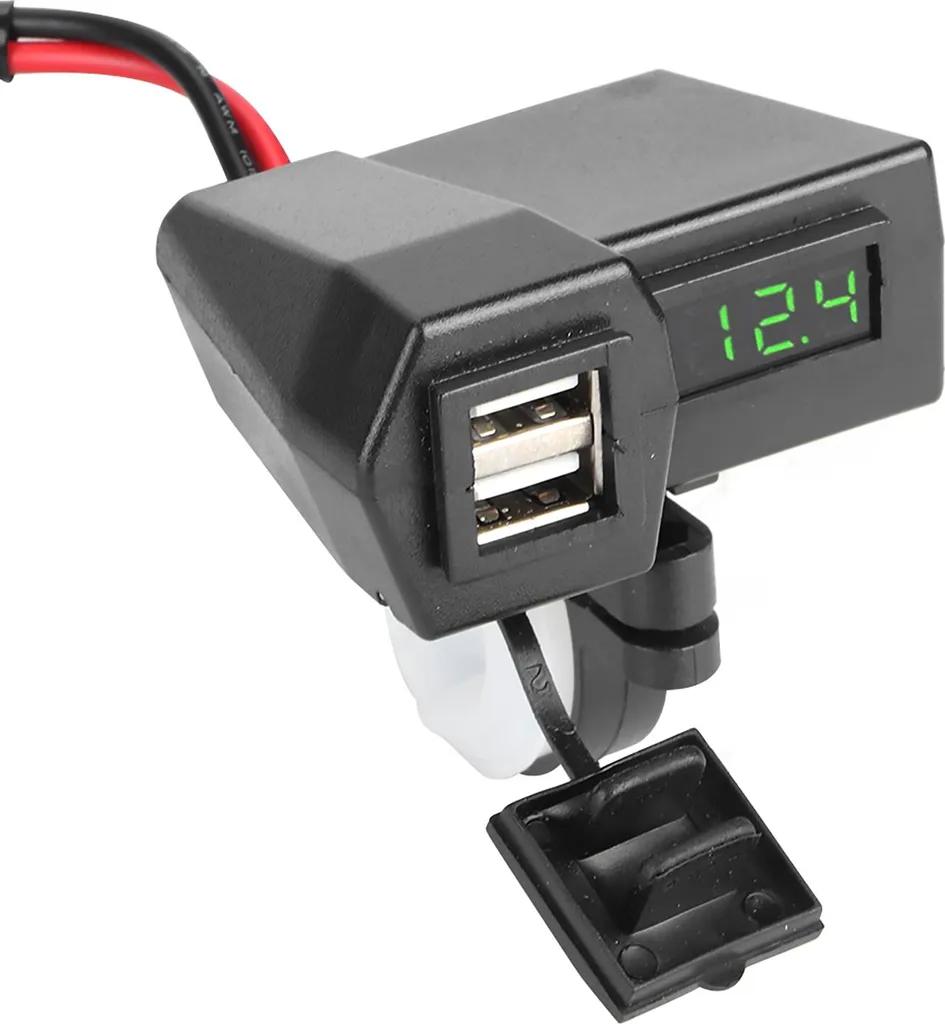Caricatore USB Moto Doppio con Voltmetro Verde | Presa 12V Impermeabile
