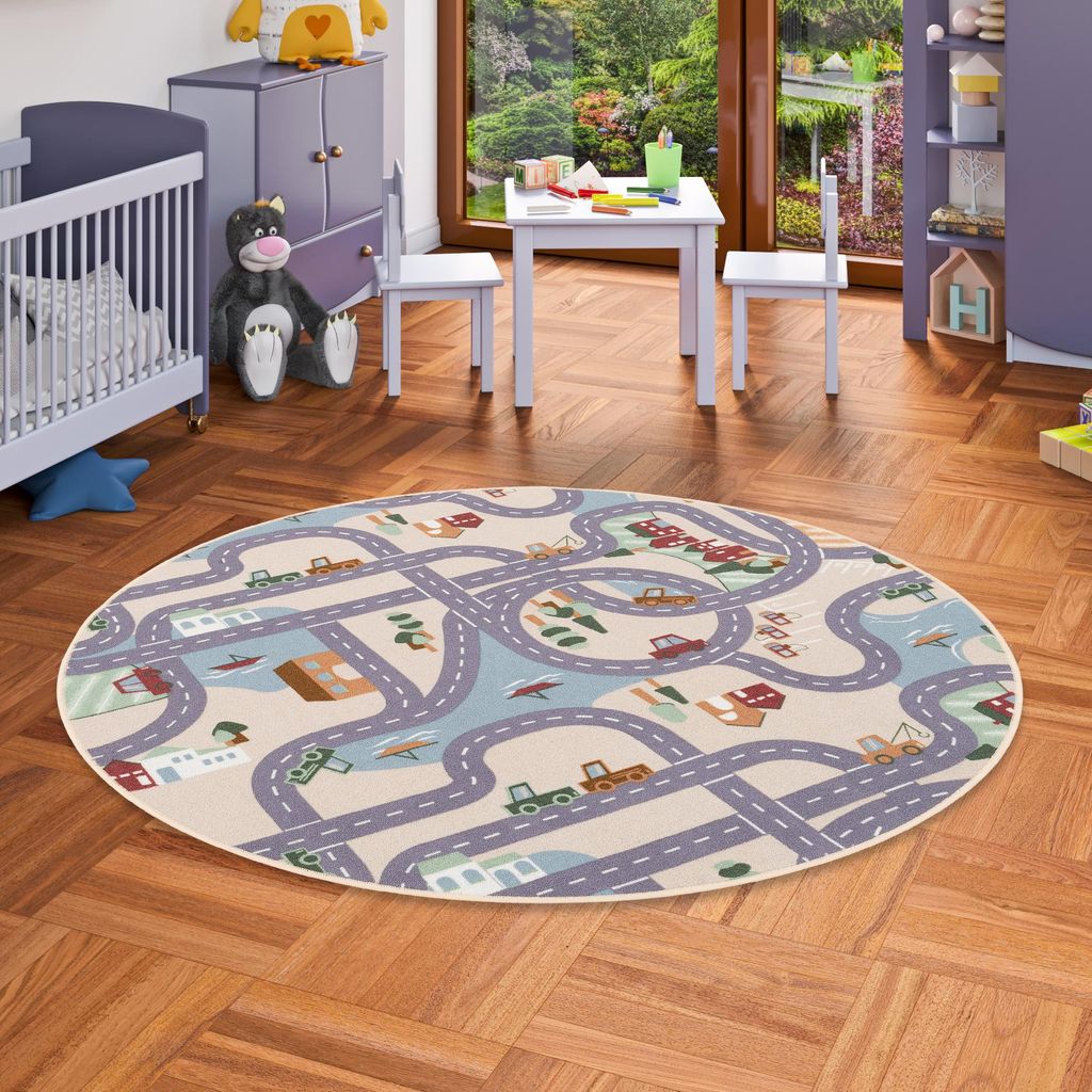 Fun Town Beige Kinder Straßenteppich Rund, Größe:100 cm Produktbild 