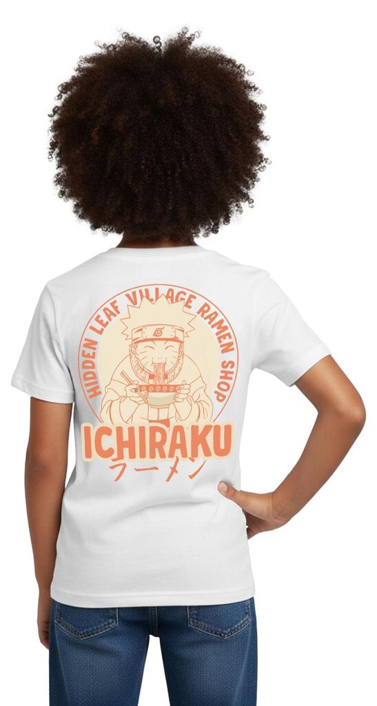 Spreadshirt Naruto Ichiraku Hidden Leaf Village Ramen Logo Kinder T-Shirt, 110/116 (5-6 Jahre), Weiß