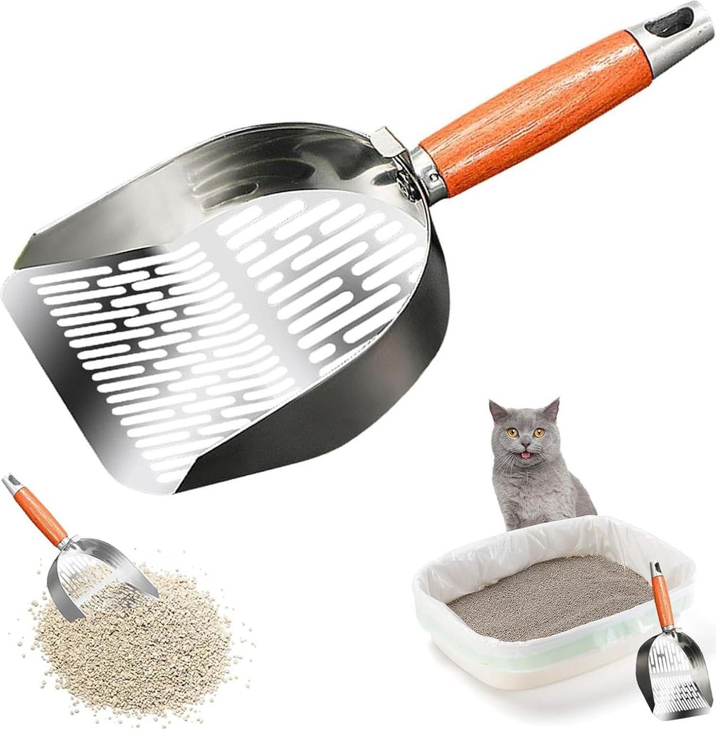 304 Edelstahl Katzenstreuschaufel mit Holzgriff, Katzenklo Schaufel Metall, Katzenschaufel fš¹r Katzenklo, Anti Seitenleckage Litter Box Scoop, 4...
