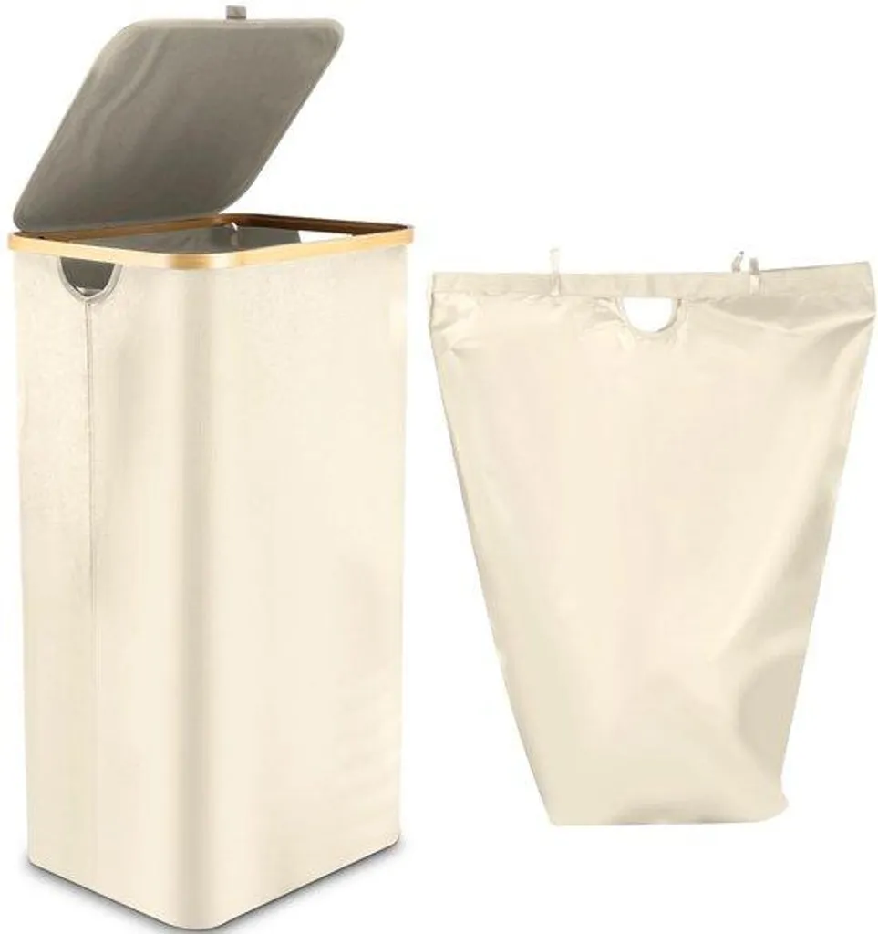 Bac à linge 100 L beige polyvalent avec poignée bois et séparateur