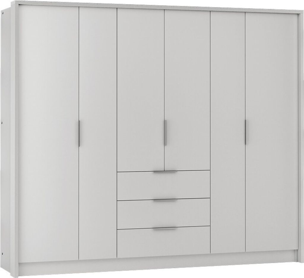 Furniture24 Kleiderschrank Bangkok 255 Schlafzimmer 6 Türiger Drehtürenschrank 3 Schubkästen Schrank 3 Kleiderstangen 5 Einlegeboden Weiß