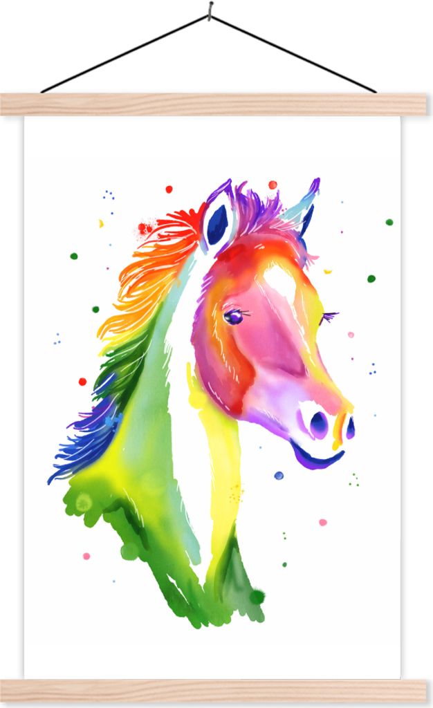 MuchoWow Textilposter Pferd - Regenbogen - Weiß - Mädchen - Kinder - Mädchen 40x60 cm mit holzfarbenen Rahmen - Poster
