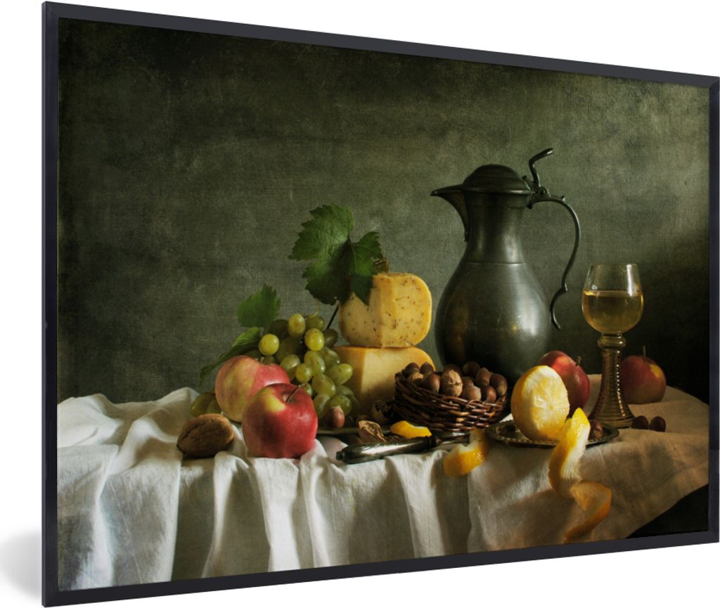 MuchoWow Gerahmtes Poster Rustikal - Käse - Teekanne - Obst - Stilleben 90x60 cm - Poster mit Schwarzem Bilderrahmen Wandposter Rahmen Foto Bild...