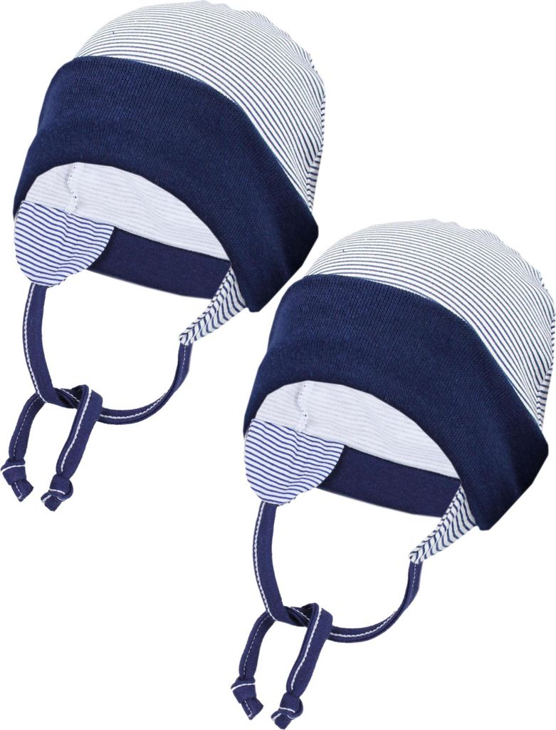 TupTam Baby Erstlingsmütze mit Ohrenklappen 2er Pack, Farbe: Streifenmuster Dunkelblau, Größe: 50-56