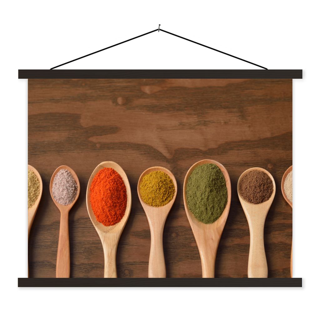 MuchoWow Textilposter Schöpfkelle - Kräuter - Lebensmittel - Gewürze - Tisch 120x90 cm mit schwarzem Rahmen - Aufhänger für Poster
