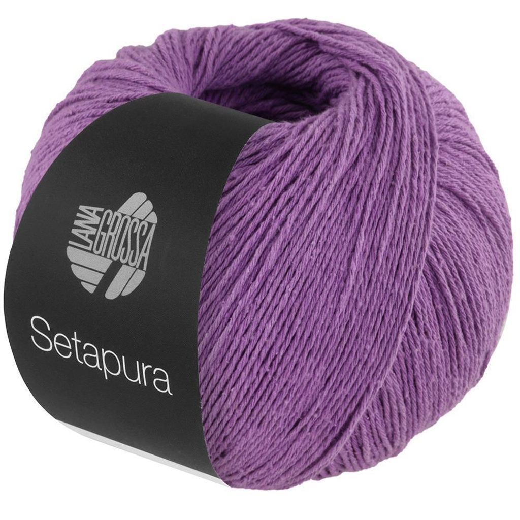 A ball of purple yarn with a black label.