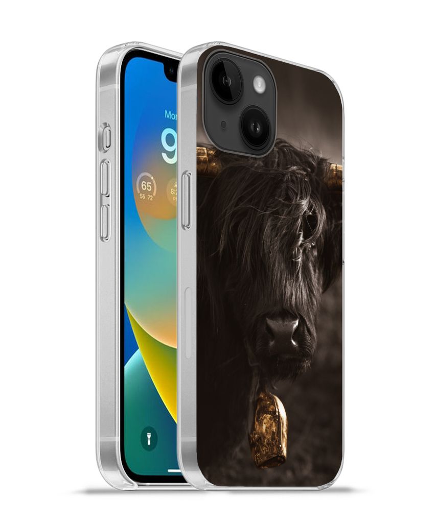 MuchoWow Handyhülle Schutzhülle Hülle für Apple iPhone 14 - Softcase Schottischer Highlander - Fell - Schwarz Silikon Softcase Handy Hülle -...