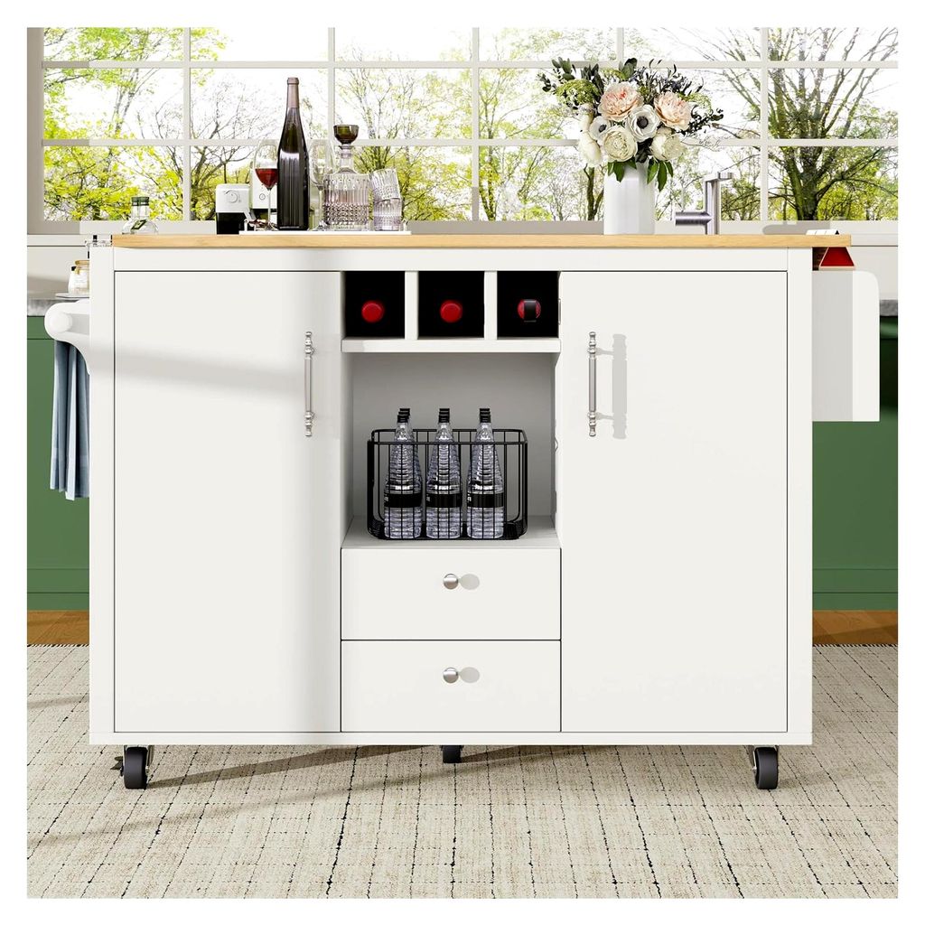 Kücheninsel mit klappbarer Arbeitsplatte und multifunktionalen Regalen – 137,9 cm x 73 cm x 92 cm, weiß/schwarz, MDF & Metall, 5 Rollen, 60 kg ...