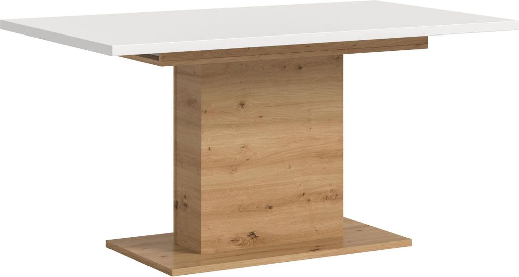 Motion Esstisch Säulenfuß 90x150/190cm inkl. 1 Einlegeplatte weiß, Eiche Nachbildung.