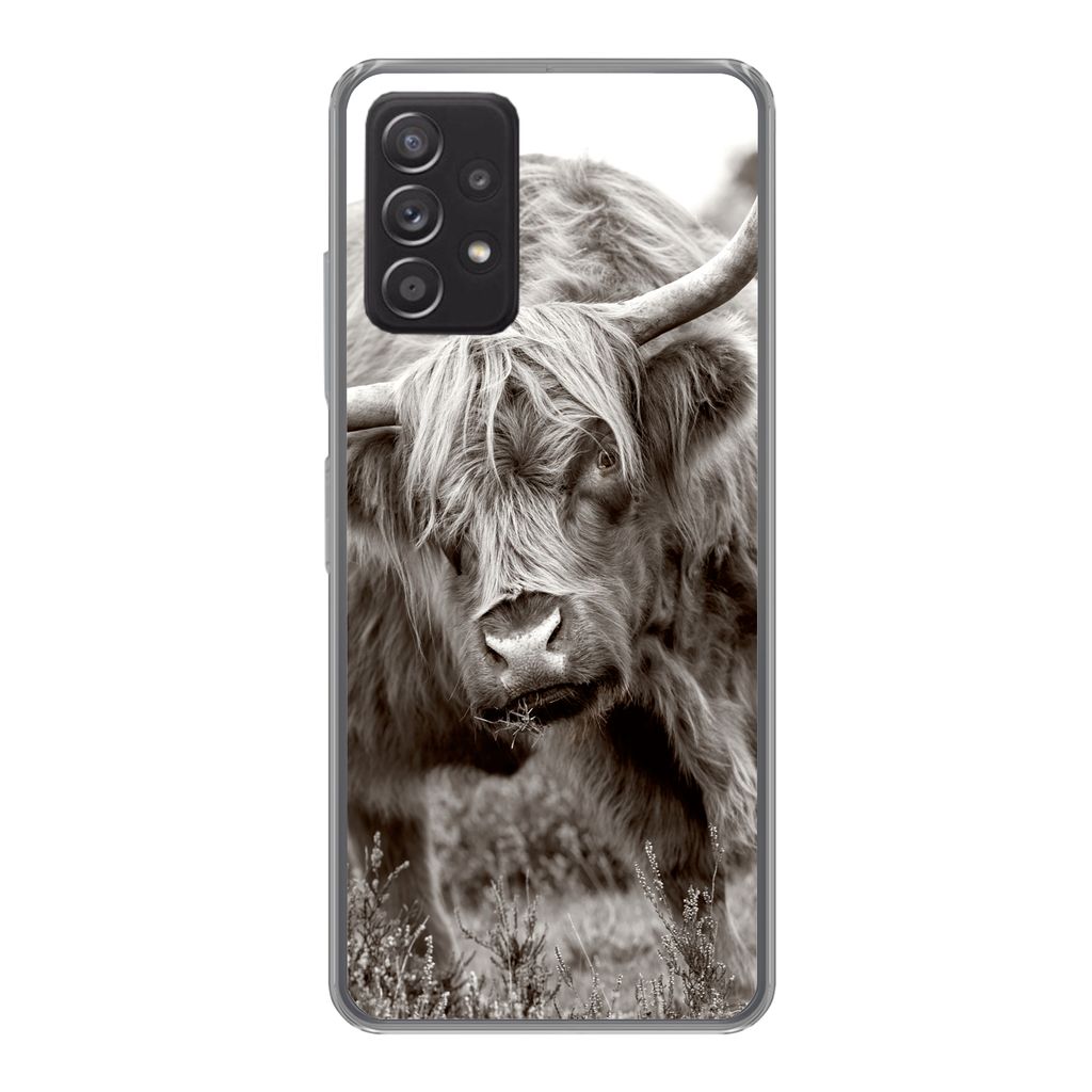 MuchoWow Handyhülle Schutzhülle Hülle für Samsung Galaxy A33 5G Schottischer Highlander - Schwarz - Weiß - Hörner Silikon Softcase Handy H...