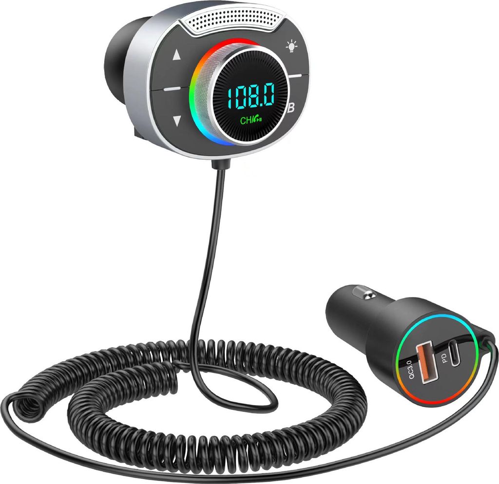 OKWISH KFZ-Adapter Bluetooth MP3, PD & QC3.0 Schnellladefunktion Kfz-Ladegerät– ABS-Material, Multifunktionaler Auto-Adapter