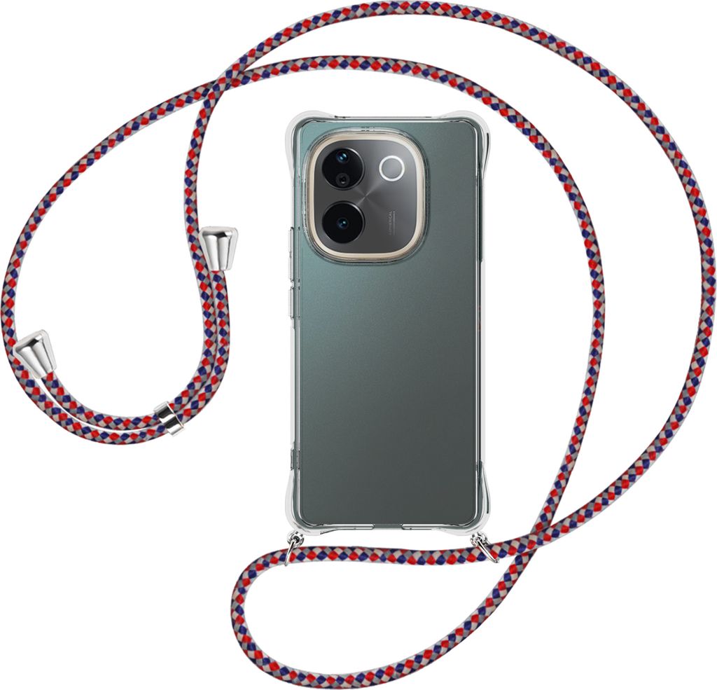 Handykette Backcover-Schutzhülle mit Band (Metall silberfarben) für Vivo iQOO Z9s Pro / T3 Pro 5G - silber/blau/rot