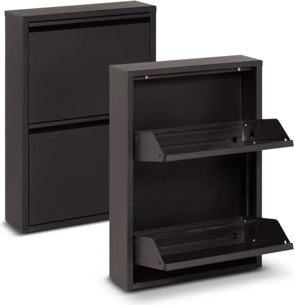 Étagère à chaussures 2 portes gain de place - Design moderne noir métal