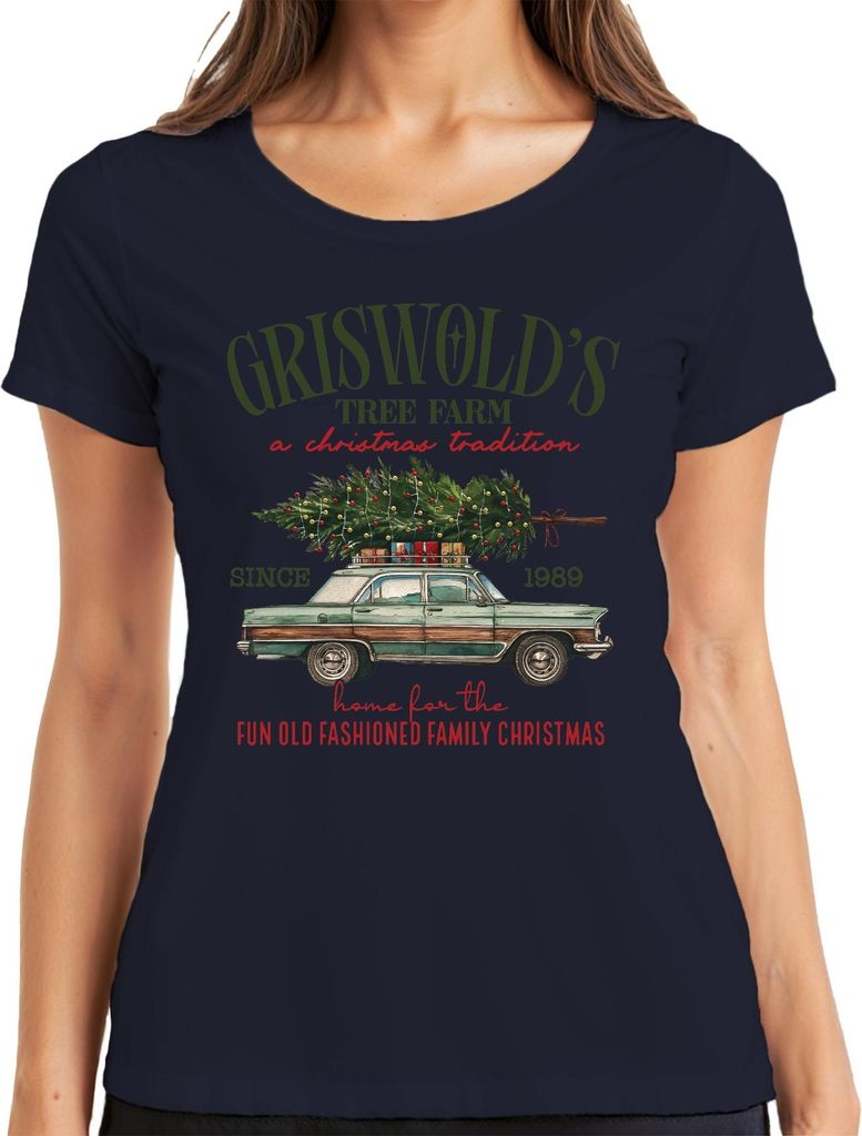 Griswold's Tree Farm a Christmas Tradition Family Vintage Auto Damen T-Shirt, Navy, XL