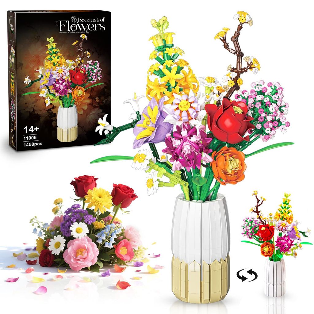 2-in-1 Vase Blumen-Bausatz mit Kunstblumen, dekorativer Blumenstrauß für Erwachsene, Botanicals Kollektion, 1458 Teile