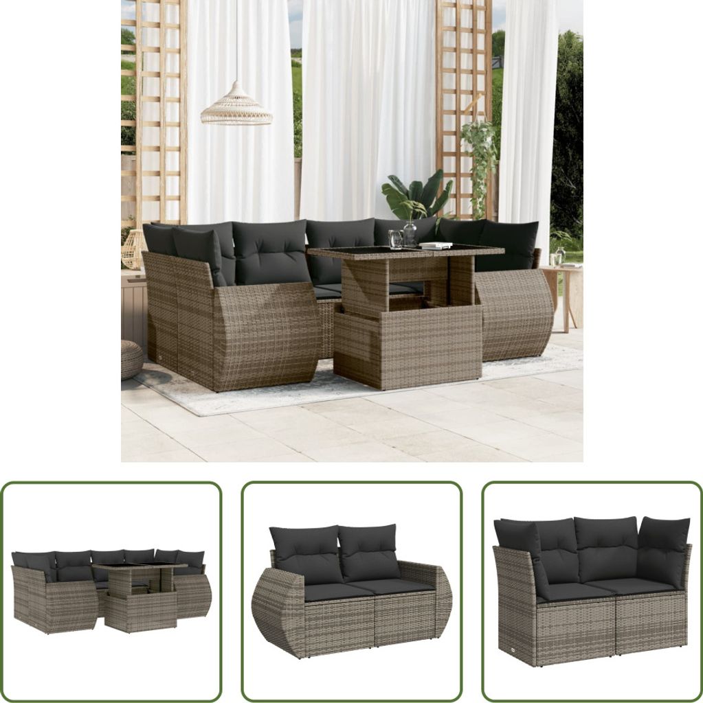 The Living Store 7-tlg. Garten-Sofagarnitur mit Kissen Grau Poly Rattan