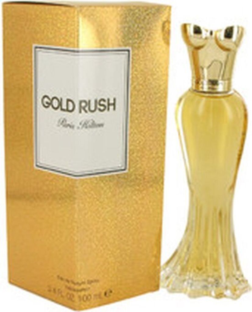 A perfume bottle and its packaging are displayed against a white background.
