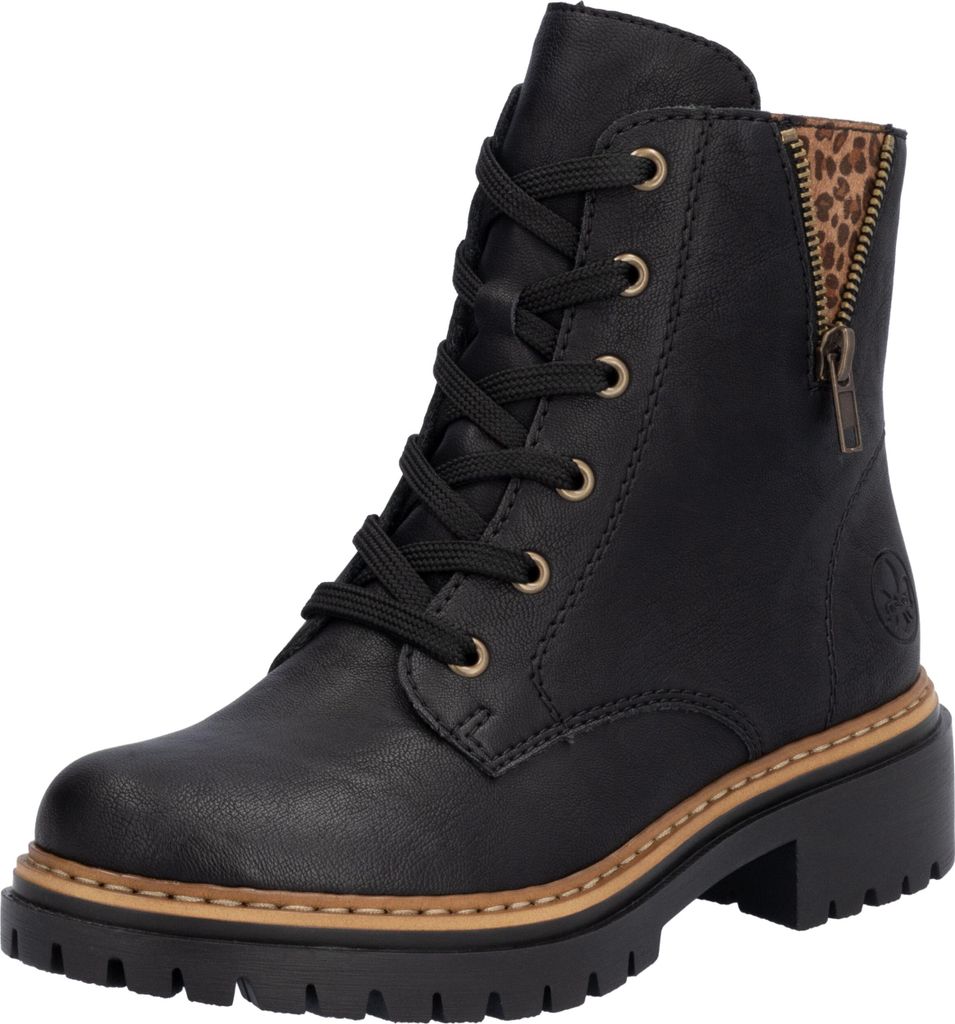 A black lace-up boot with a leopard print accent on the side zipper.