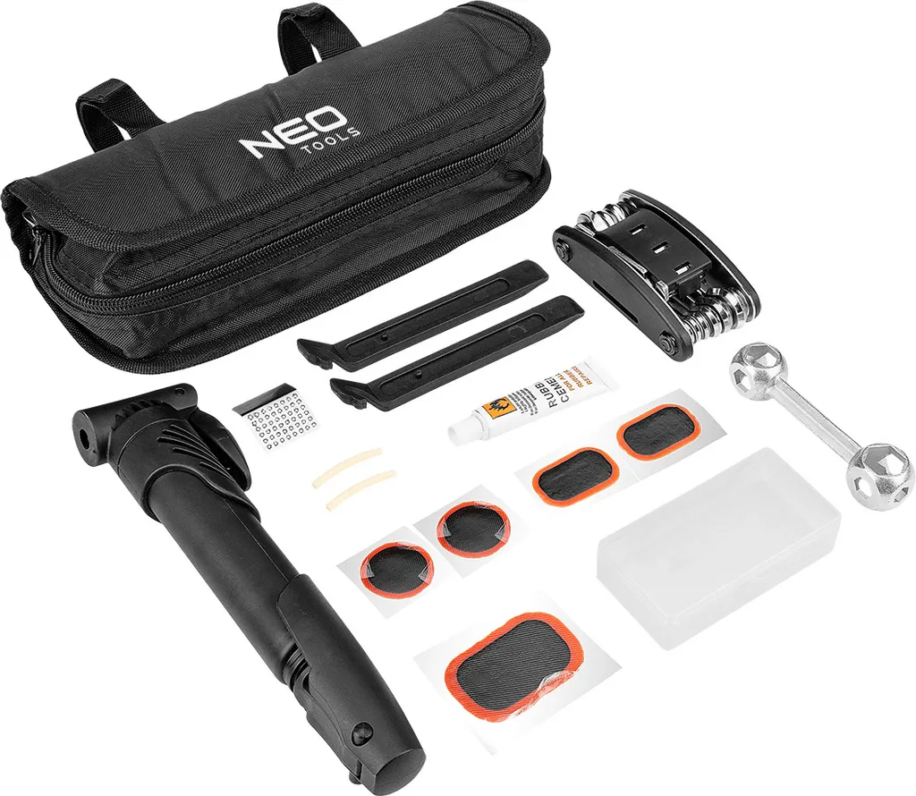 NEO TOOLS Kit de réparation vélo complet avec pompe et multitool métal