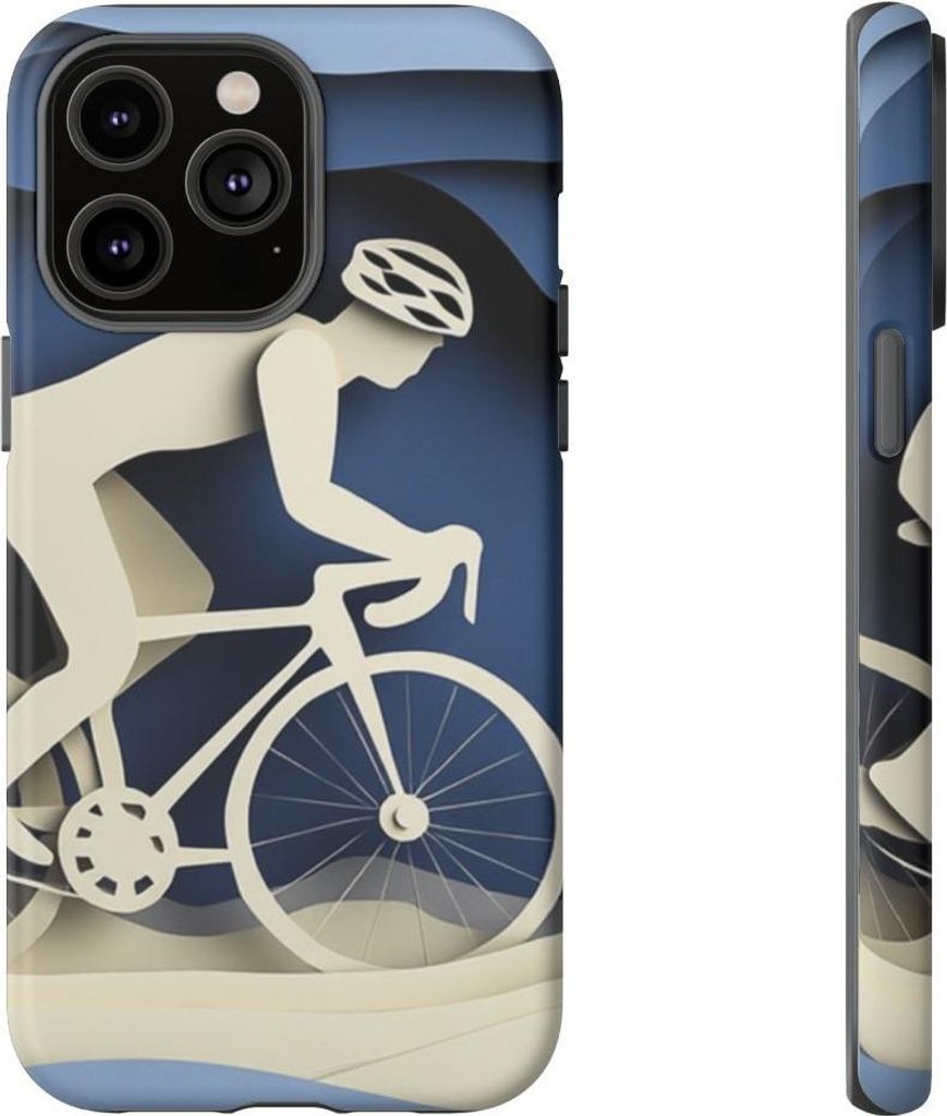 Fahrradfahrer im Scherenschnitt auf blauer Landschaft – Hülle Kompatibel mit iPhone 14 Pro Max