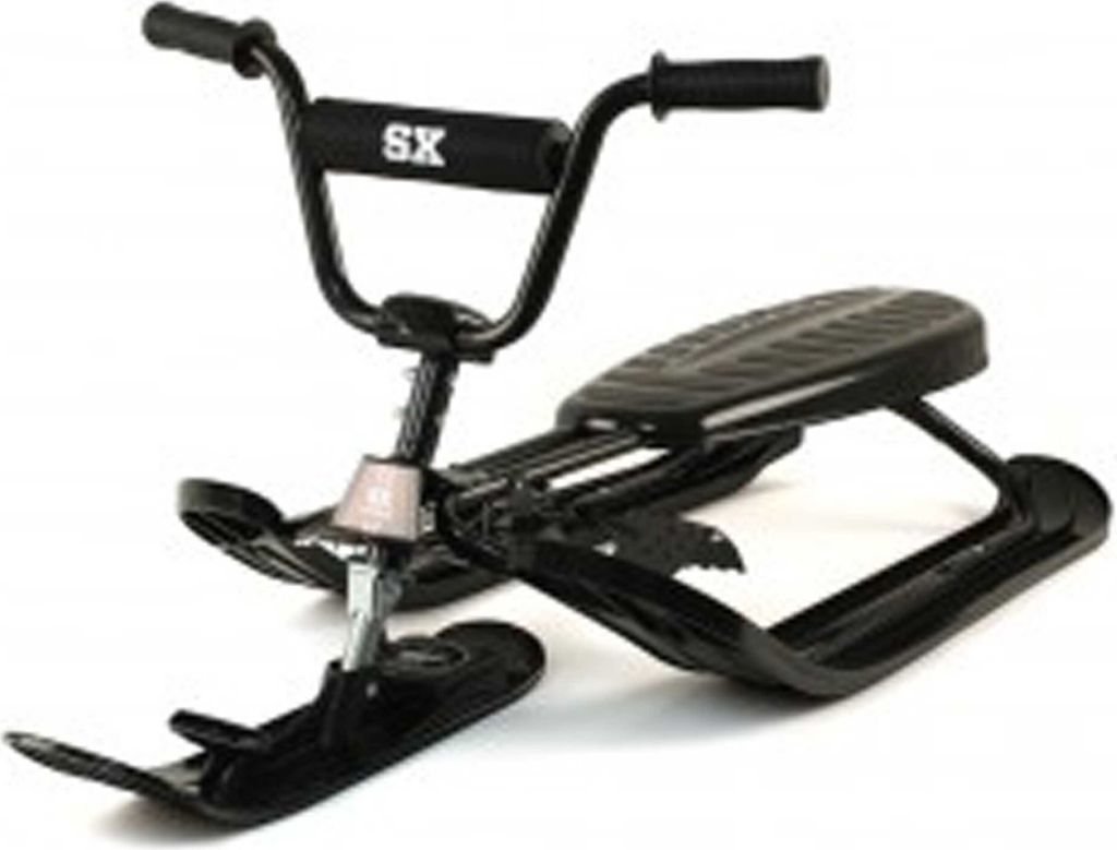 A black snowracer with handlebars and skis.