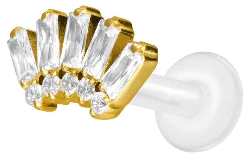 Ohrpiercing, Nasenpiercing PTFE Labret mit Innengewinde + Titan-Aufsatz 10 EINGEFASSTE KRISTALLE Gold Stablänge: 8mm | Stabstärke: 1,6mm