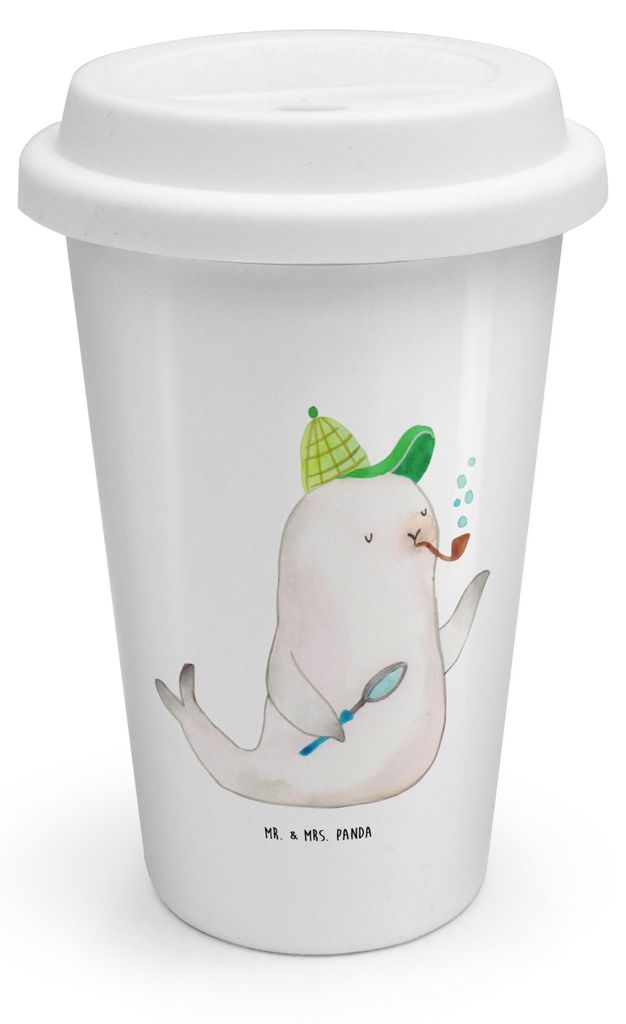 Mr. & Mrs. Panda Thermobecher Robbe Sherlock - Weiß - Geschenk, To Go, ToGo Kaffeebecher, Coffee Becher, Tiermotive, Mehrwegbecher