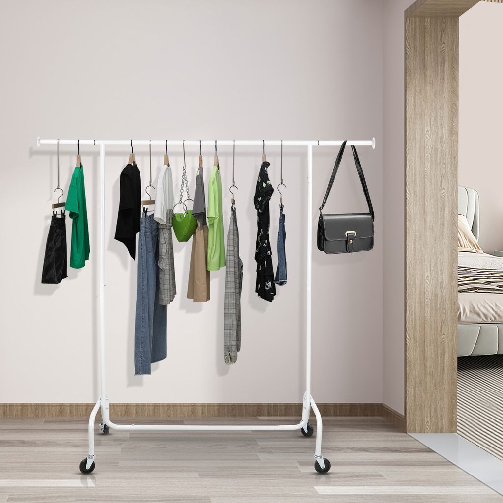 Kleiderständer auf Rollen,ausziehbare Kleiderstange,Garderobenständer 110-150x45x160cm Weiß
