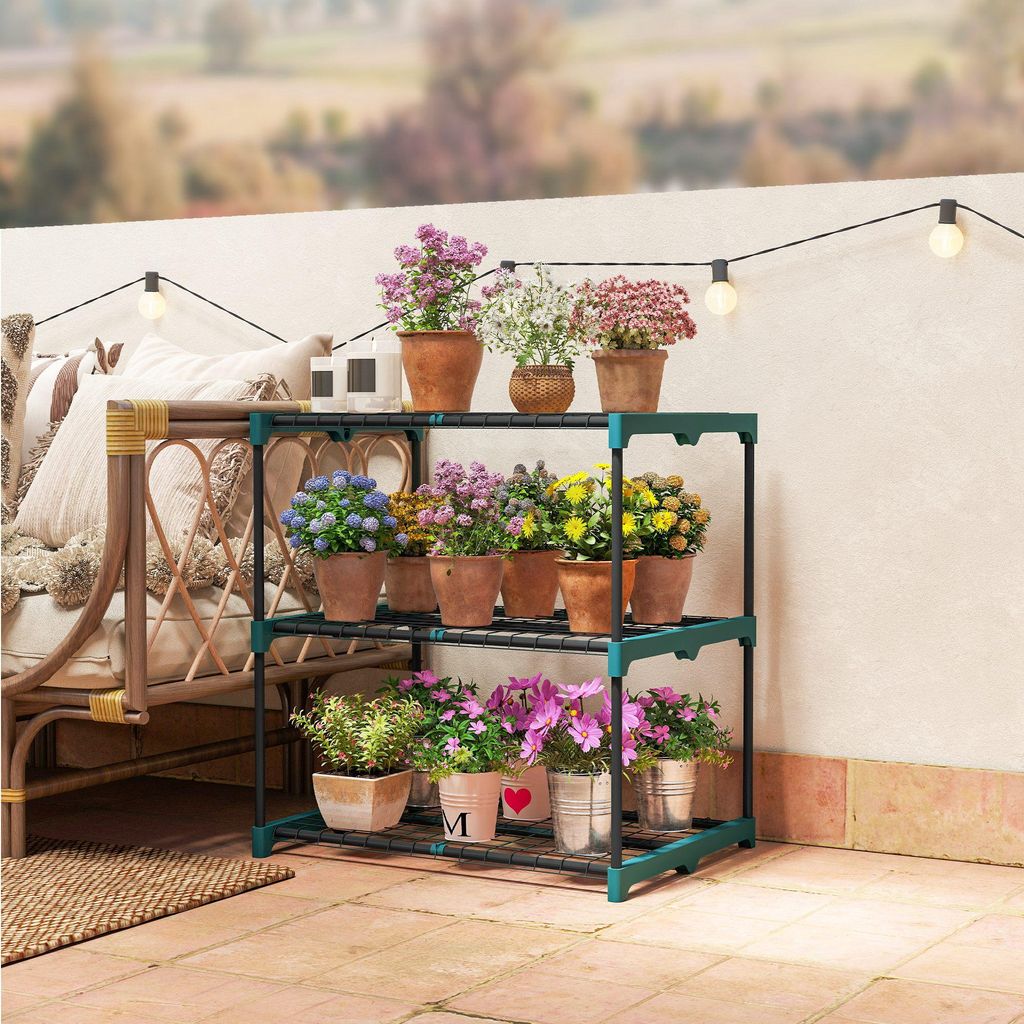 Pflanzenständer 3 Etagen Stahl pulverbeschichtet, Blumenständer Pflanzenregal wetterfest, Dunkelgrün | 68x49x72 cm | 10 kg | für innen & außen