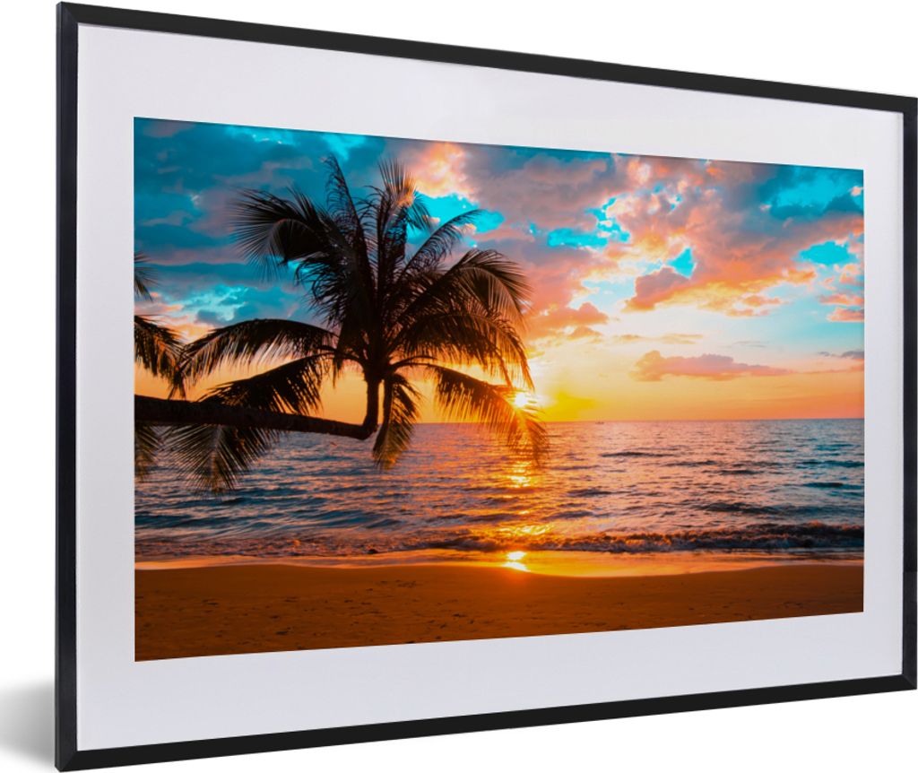 MuchoWow Gerahmtes Poster Palme - Sonnenuntergang - Horizont - Strand - Meer - Tropisch 60x40 cm - Poster mit Schwarzem Bilderrahmen Wandposter R...