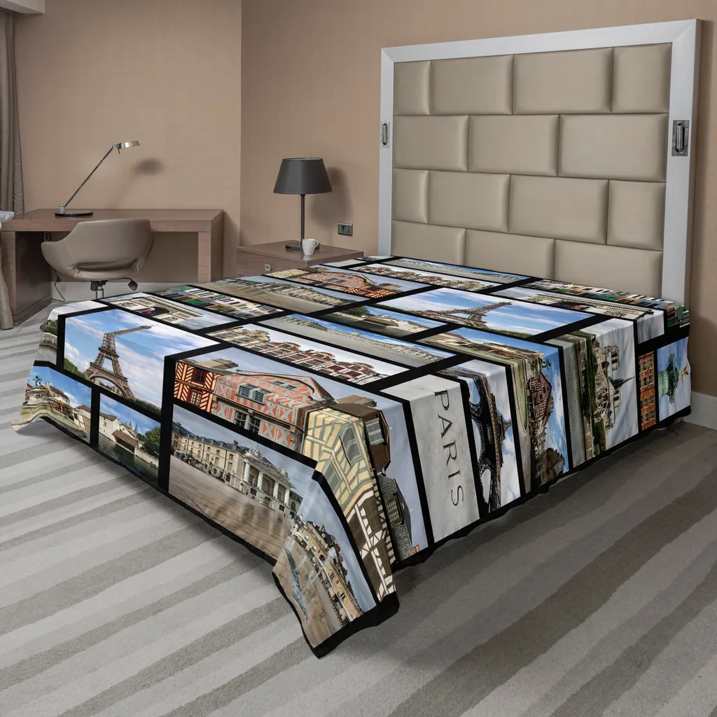Drap de lit ABAKUHAUS Paris Aventure, motif collage Eiffel bleu 275x260 cm