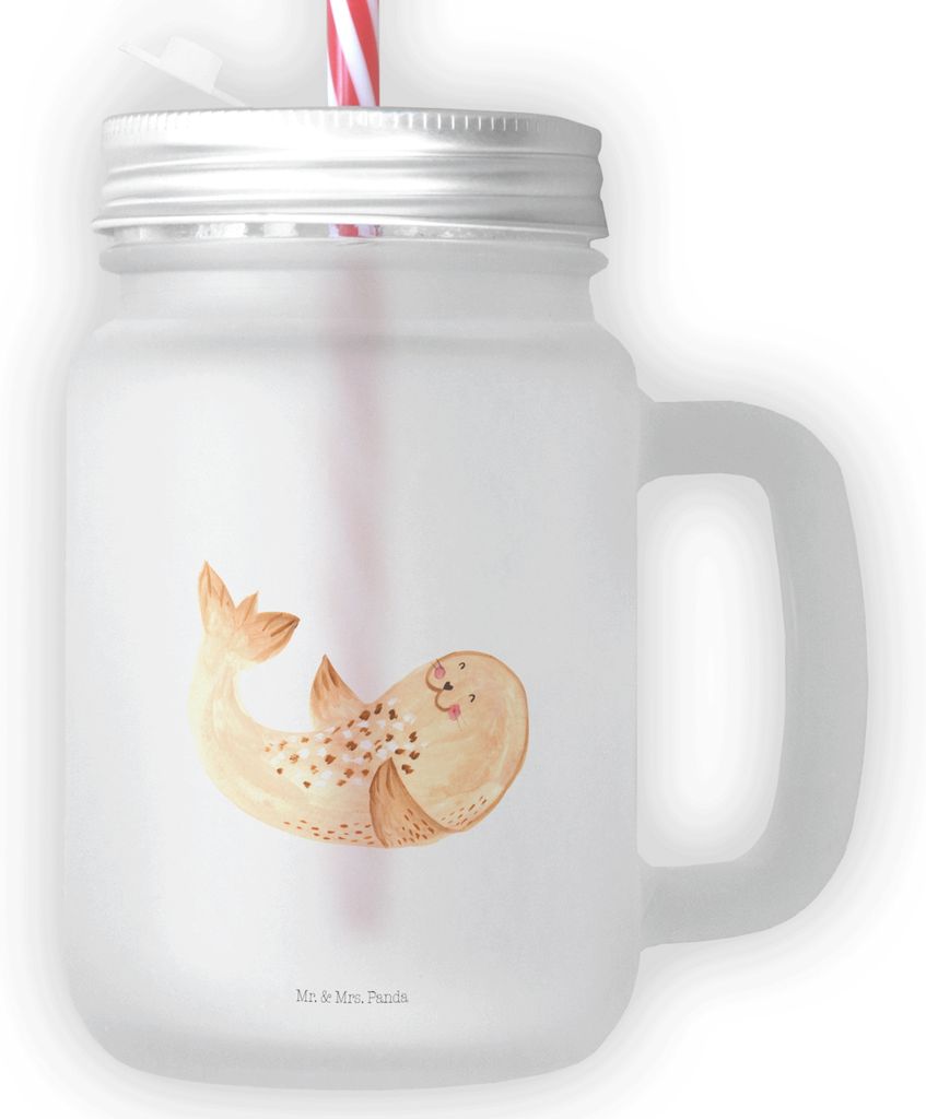 Mr. & Mrs. Panda Glas Robbe Liegen - Transparent - Geschenk, Freude, Lachen, Meerestier, Trinkgefäß, Ostsee, Mason Jar, Cocktailglas, Strand, des...