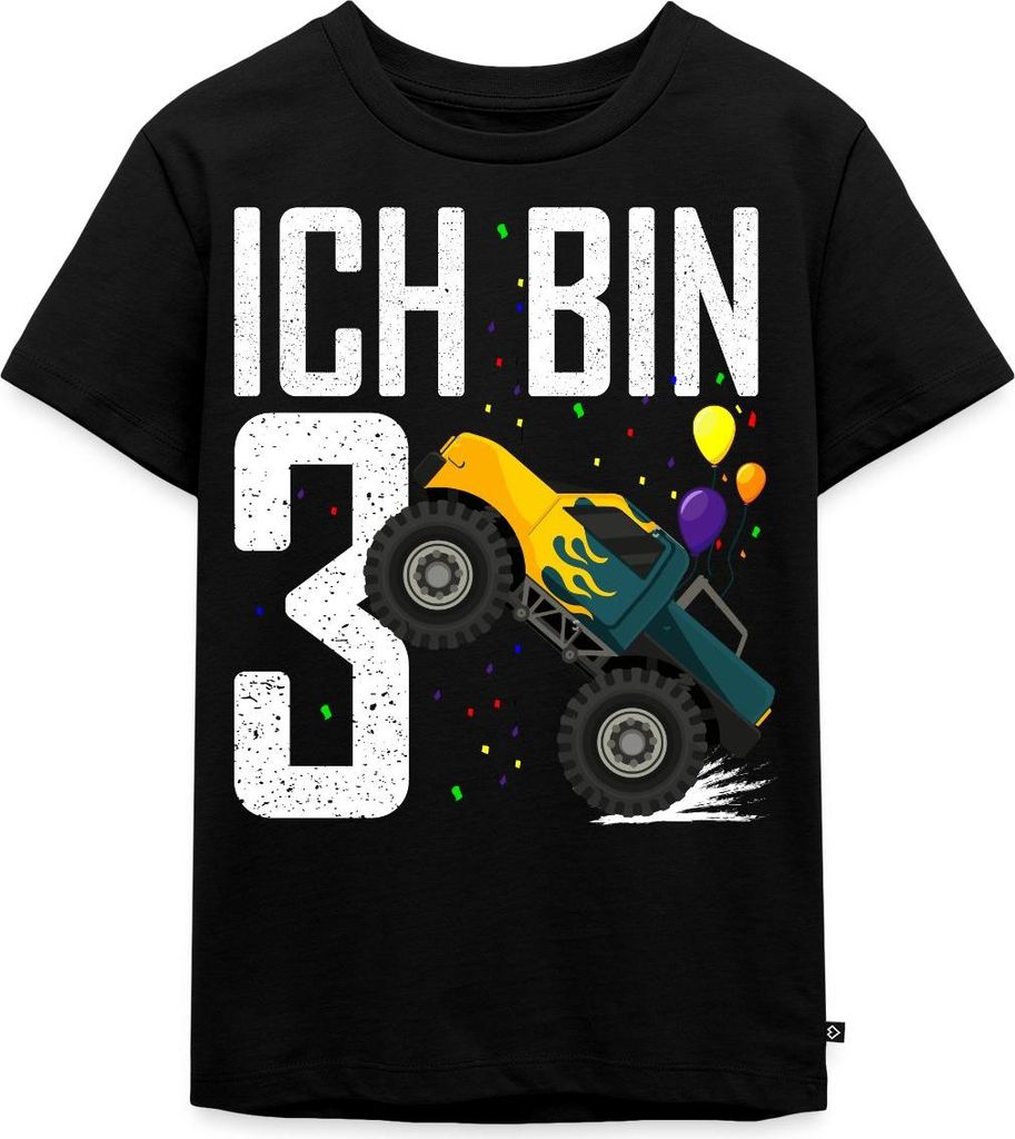 Spreadshirt 3. Geburtstag Ich Bin Drei Monster Truck Spruch Auto Kinder Premium T-Shirt, 122/128 (6 Jahre), Schwarz