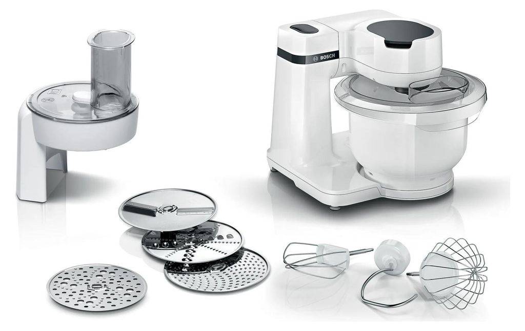 A white Bosch kitchen machine with various attachments is displayed on a white background.
