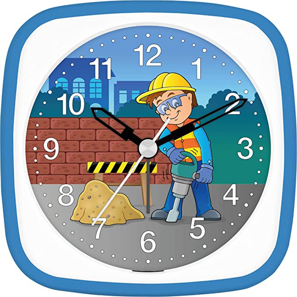Eurotime Kinderwecker 27141-08, Bauarbeiter mit Presslufthammer, Blau-Weiß