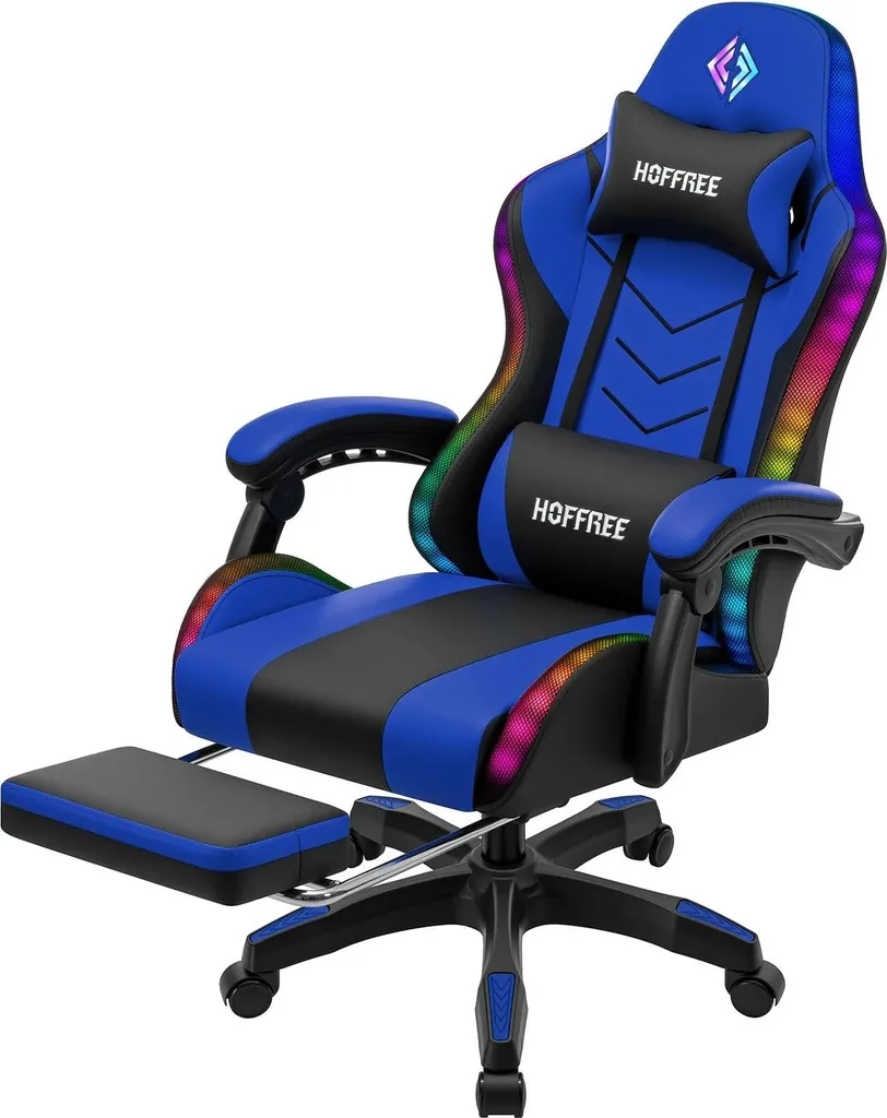 Fauteuil gaming LED RGB bleu avec massage et haut-parleurs - 136 kg