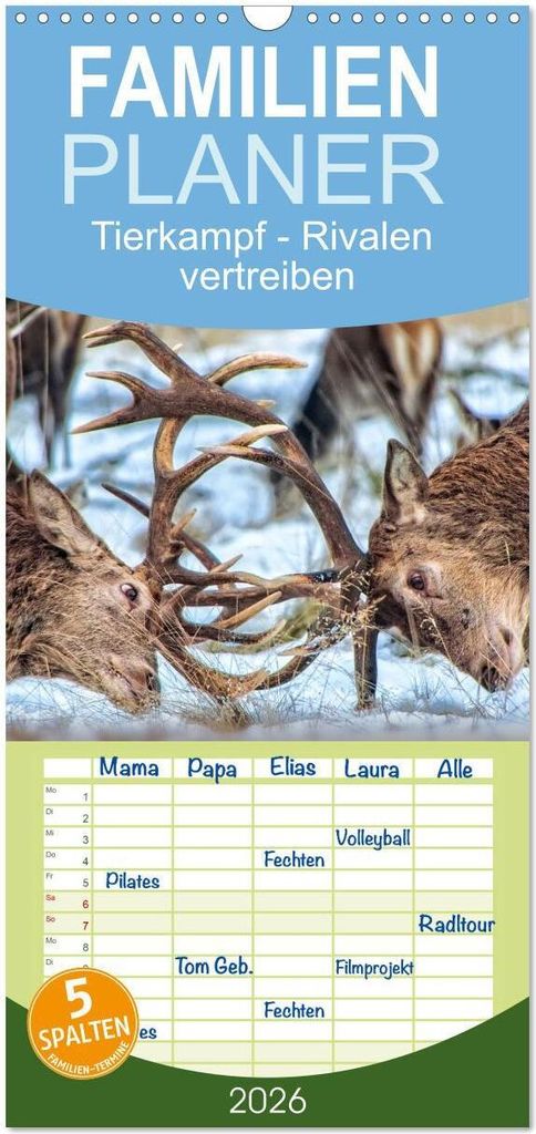 Familienplaner 2026 - Tierkampf - Rivalen vertreiben mit 5 Spalten (Wandkalender, 21 x 45 cm) CALVENDO