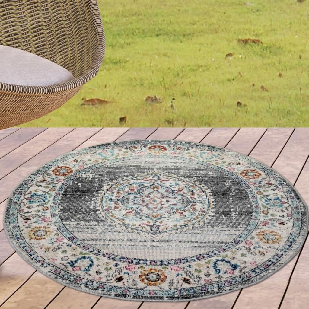 Teppich Outdoor Orientteppich Wohnzimmerteppich Ornamente in grau Größe - 160 cm Rund
