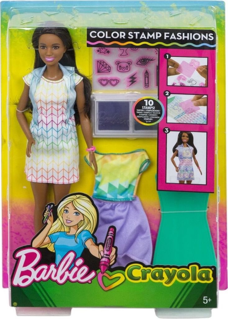 Barbie Crayola Puppe mit Zubehör zum Stempeln und Entwerfen von Kleidern (Mattel FRP06) BARBIE Altersbereich: +3 Jahre