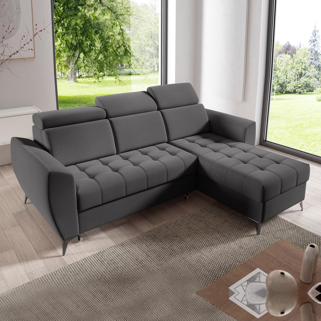 Ecksofa AURORA I mit Schlaffunktion, Bettkasten & universeller Ottomane, Graphit