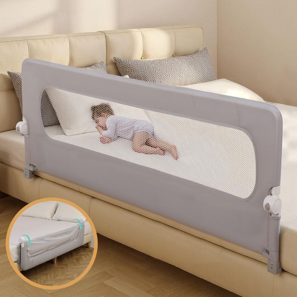 Caveen 150cm Faltbares Bettgitter für Kleinkinder, Atmungsaktiver Rausfallschutz für Einzel, Doppel, Queen und Kingsize-Betten, Weiß